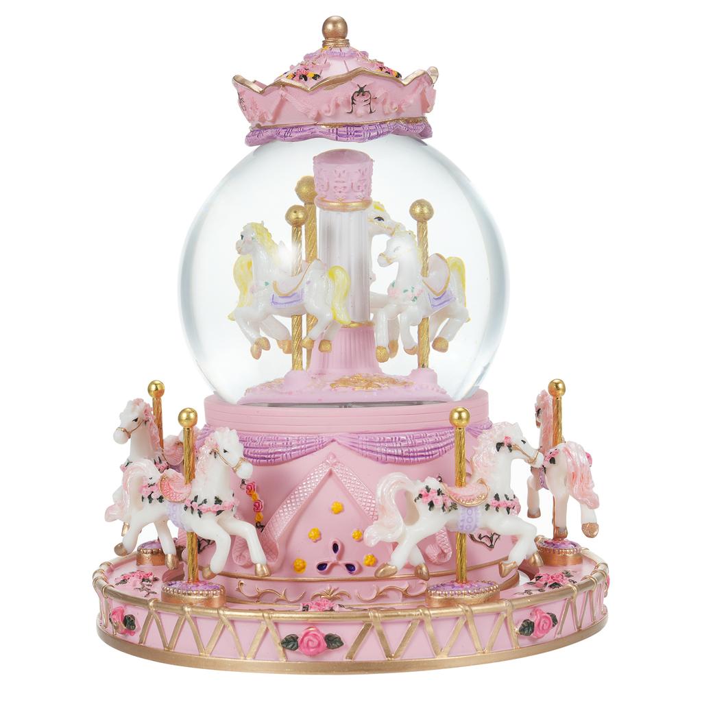Rotating Carousel Music Box Crystal Ball Light up Snow Globe Wind up Musical Box Colorful Lights Cute Little Horses