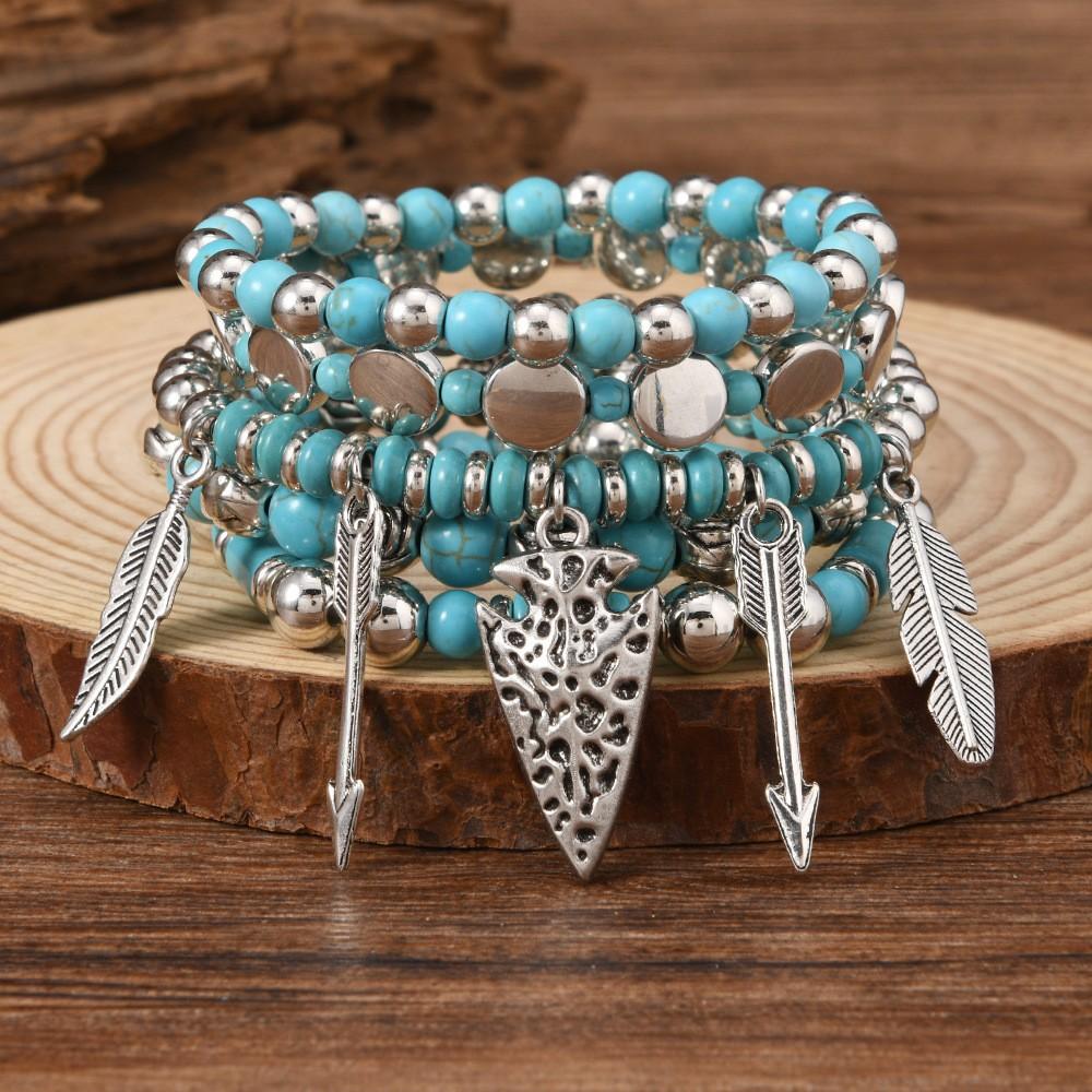 Türkis Schmuck, Damen Armbänder, Böhmische Türkis Retro Perlenarmbänder, Gestapeltes Set Armbänder.