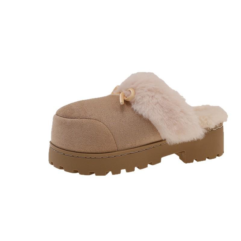 Retro Heightening Shoes Women's Autumn and Winter Outer Wear 2025 New Velvet Warm Bow Bag Head Half Drag Wool Cotton Slippers