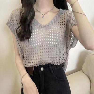 Damen Tops Aushöhlen V-Ausschnitt Ärmellos Strick Tanktops Einfarbig Weiche Atmungsaktive Weste Sommer Durchsichtig Vintage Kleidung