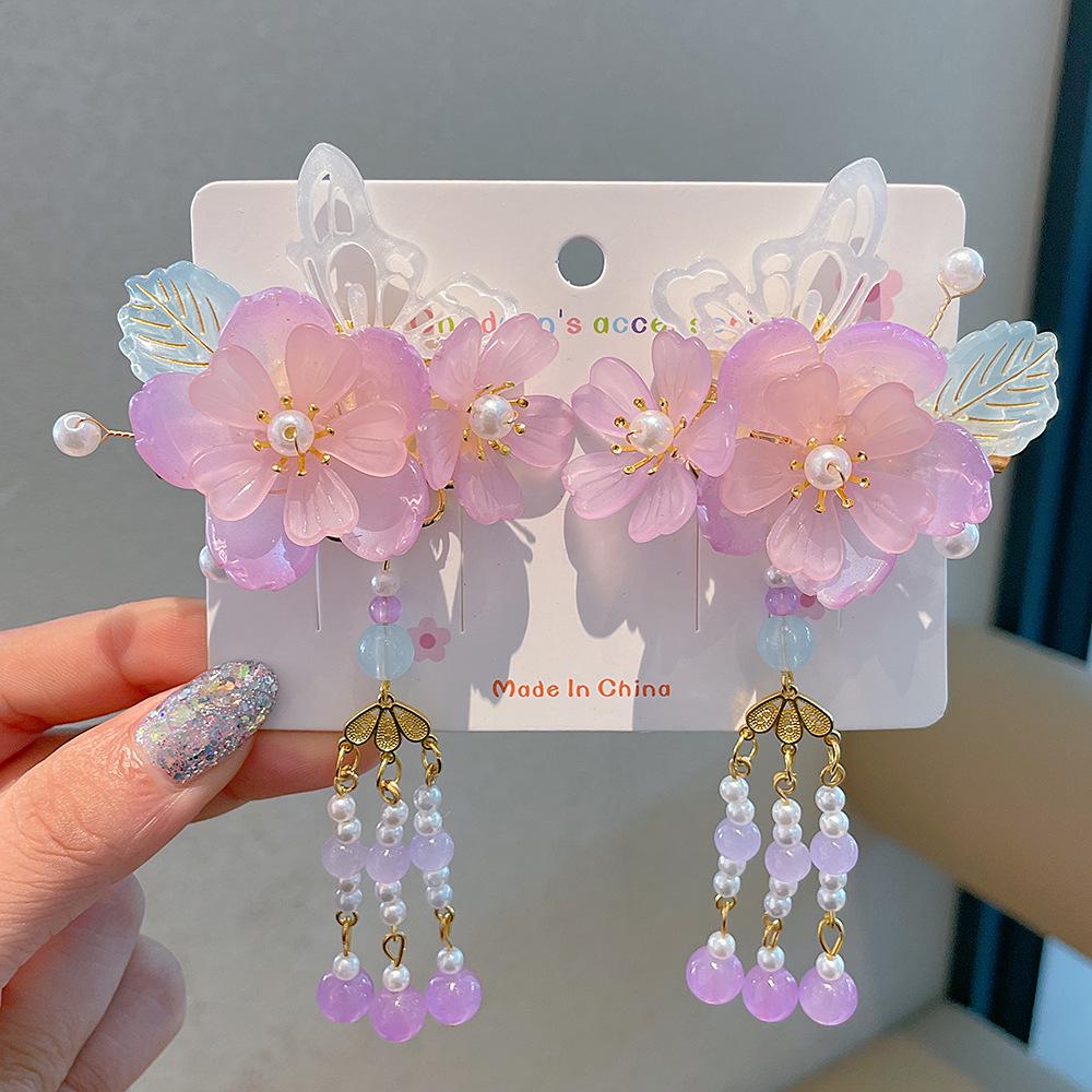Children's Hanfu Hair Accessories: Girls' Tassel Flower Fairy Clips for Costume