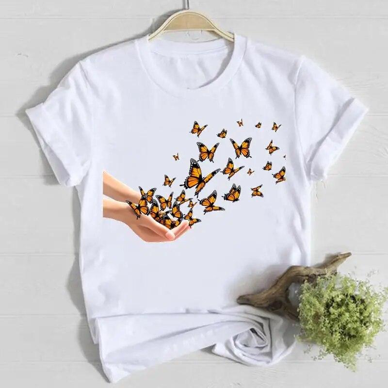 Butterfly Cute Sweet Lovely Casual Tee Top Short Sleeve Shirt Lady Clothes Fashion Tshirt Summer Female T Women Graphic T-shirts