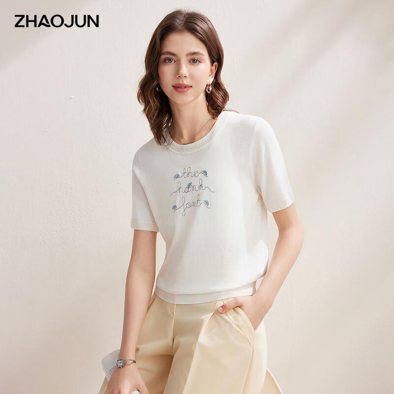 Zhaojun 2026 Spring/Summer Mulberry Silk Blend Letter Embroidered Short Sleeve T-Shirt XL