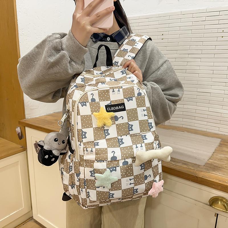 Plaid Cat Print Nylon Schoolbag Large Capacity Backpack High School Student Backpack