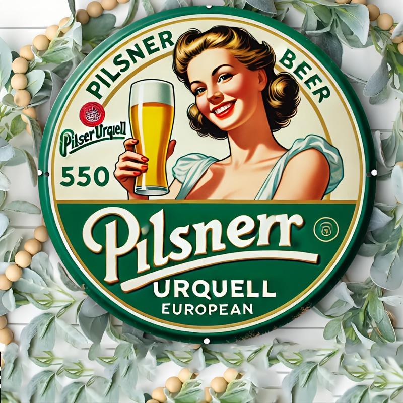 High Definition Wooden Plaque Vintage Pilsner Urquell Beer Round Wood Sign Retro Pinup Girl Pilsner Print Wall Art European 20x20cm(8x8inch)