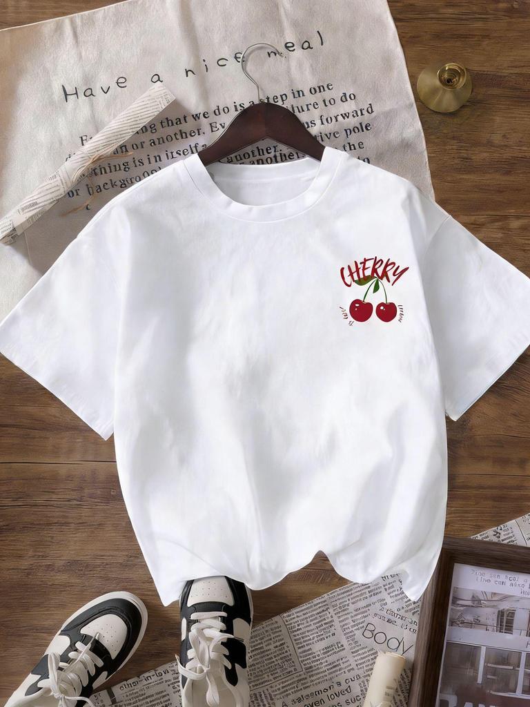 2026 Spring/Summer Cherry Print Women's Loose Round Neck T-Shirt