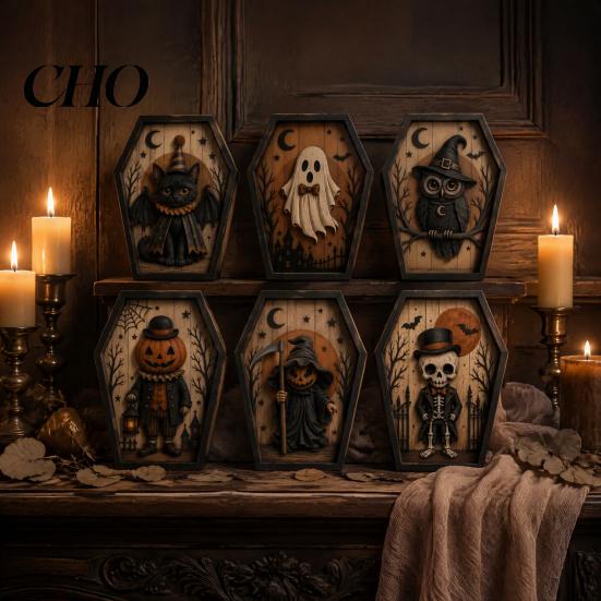 Scary Fireplace Mantel Decorations Halloween Coffin-Shape Wooden Sign Decor, Pumpkin Skeleton Ghost Owl Retro Punk Style Interior Decor Patterns,
