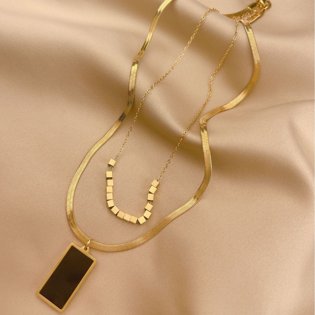 Gold Plated Stainless Steel Two Layer Herringbone Square Pendant Necklace
