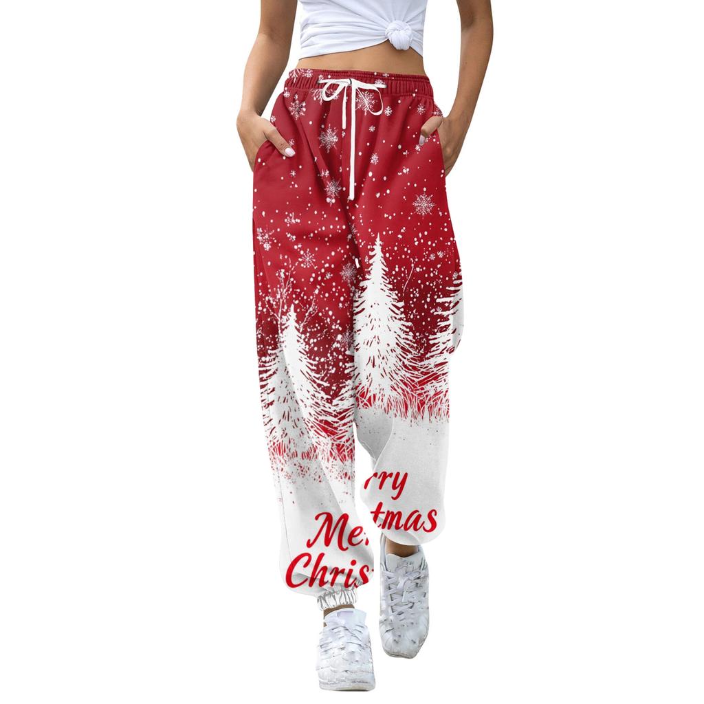 Pantaloni de trening casual de damă cu imprimeu de Crăciun, cu talie cu șnur și manșete la glezne