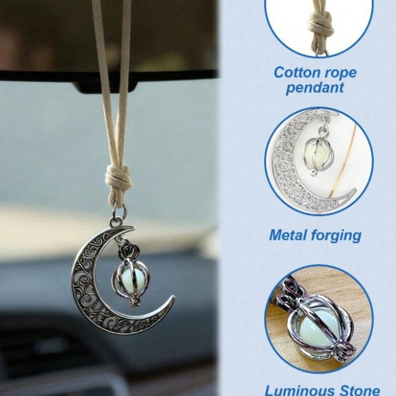 Vehicle Interior Pendant with Silver Tone Finish, Attached Cord, and Glowing Moon Pendant for Car Mirror Area