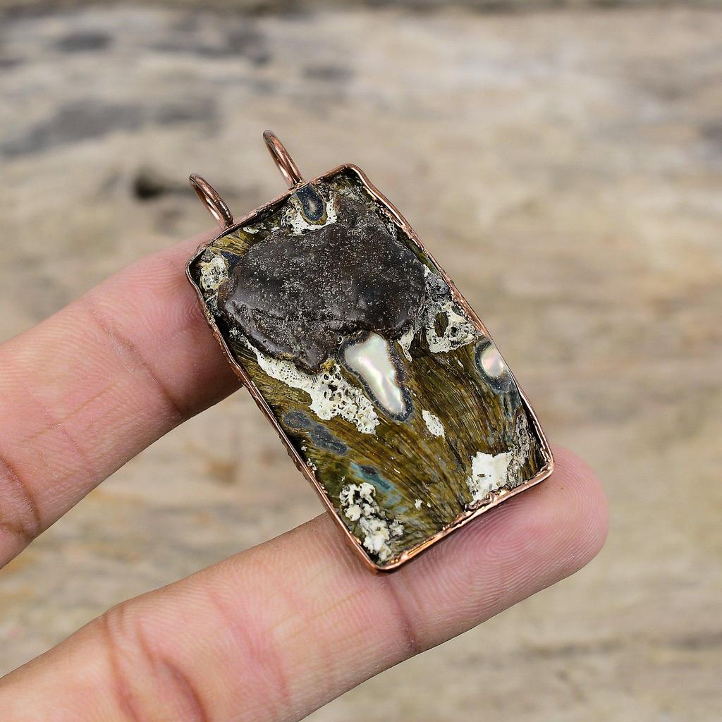 Abalone Shell Rough Pendant Electroformed Copper Pendant Handmade Gemstone Jewelry African Amethyst Rough Pendant Women Jewelry Gift For Him