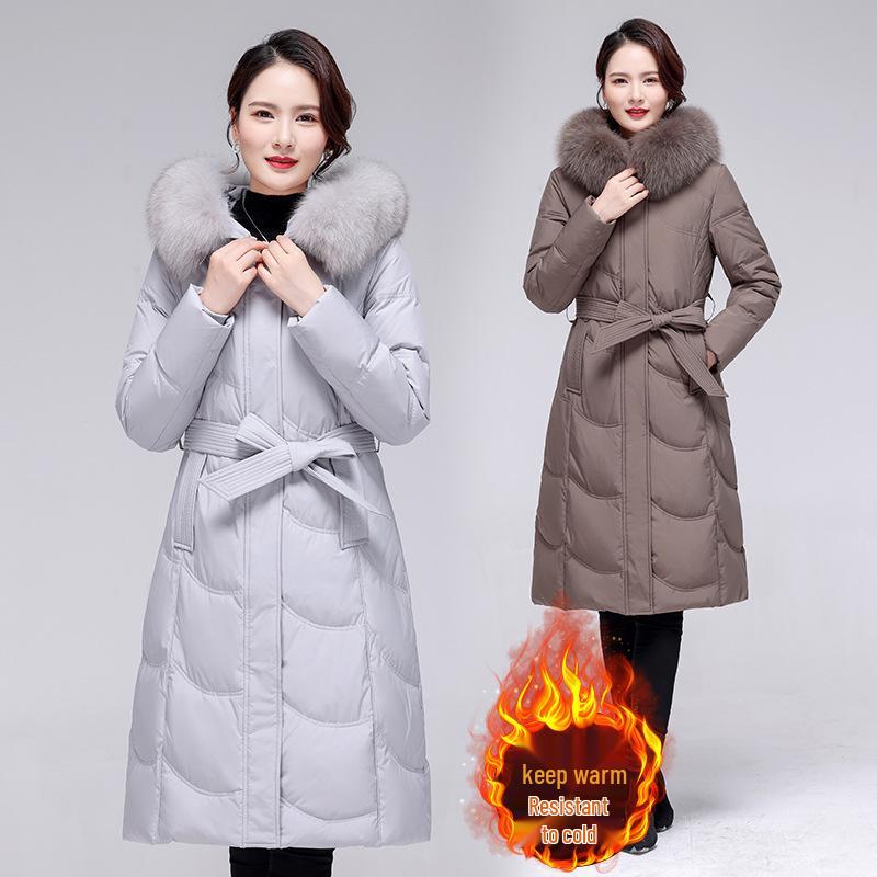 

Stylish Mid-Length Plus Size Down Jacket with Real Fur Collar for Mature Women 2XL