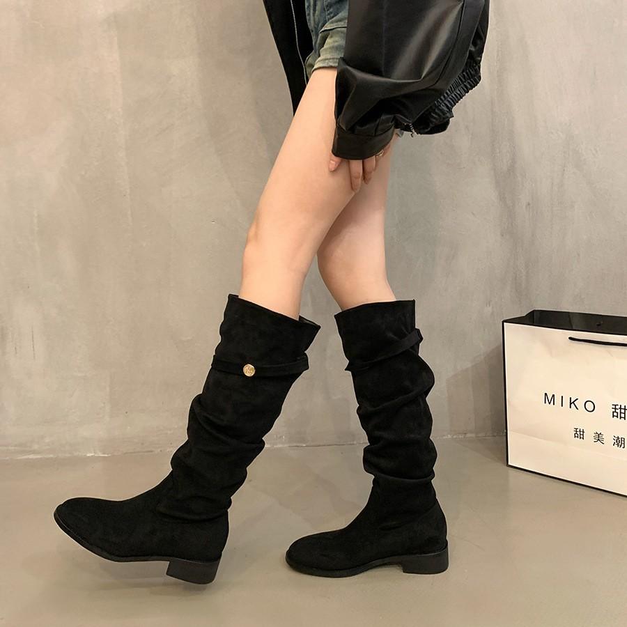 French thick heel apricot suede piled boots women's shoes 2025 new spring and autumn winter versatile thin long boots