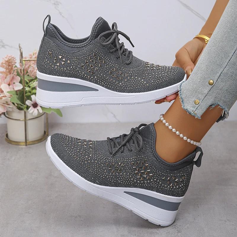 Women's Shiny Rhinestone Wedge Sneakers Breathable Knit Non Slip Walking Shoes Woman Plus Size Fashion Thick Sole White Sneakers