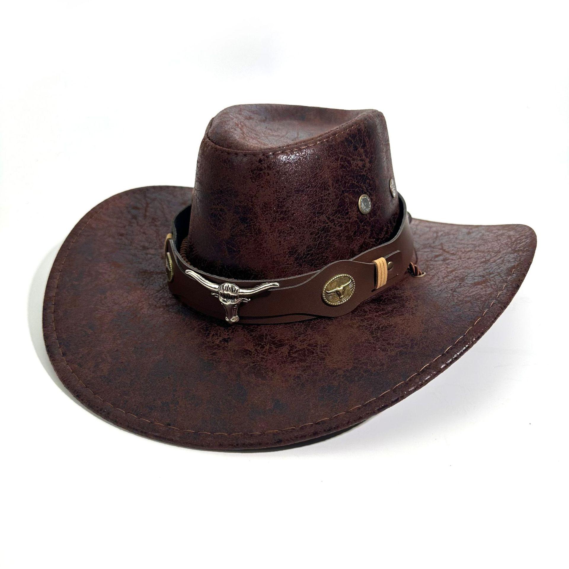 

1PC This Jazz Hat Its Unique Texture Design Features A Distinctive Bull Head Belt with Riveted.Instantly Catches The Eye And 56-58cm