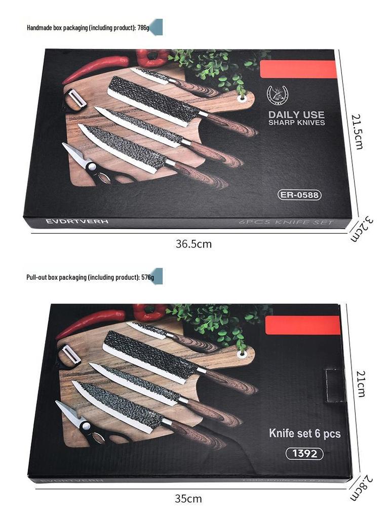 Hammered Stainless Steel Forged Cutlery Set with Sheathed Handles, Six Pieces