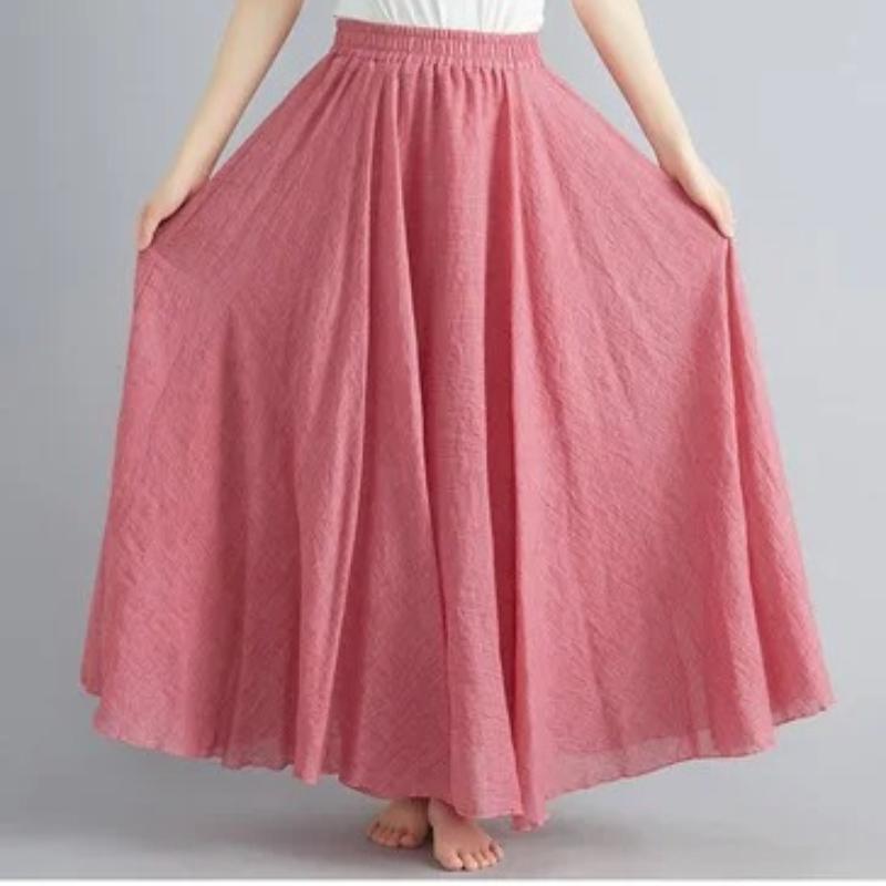 Color Mori Girl Literary Cotton Linen Dress Elastic Waist A-line Expansion Skirt Solid Color Ethnic Style Women Long Skirts