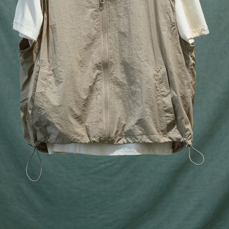 Summer Women Vests Cargo Zippers Hooded Casual Loose Solid Outdoor Sports Cool Quick Drying Thin Pleated Streetwear All-match