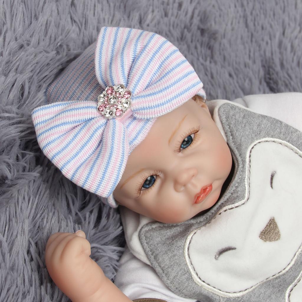 Cute Kawaii Bow Newborn Hat Baby Hats Nursery Hospital Beanie Cap Solid Color Striped Infant Hat Soft Turban Hats for Baby Girls