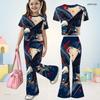 Girls Casual Red Blue Printed Round Neck Short Sleeve Top Flared Pants Two Piece Set