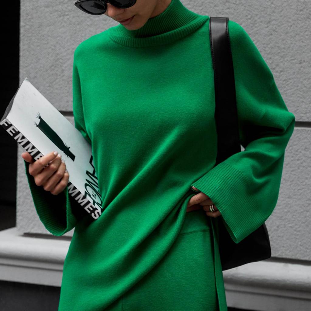 GMXIA Women's Half Turtleneck Sweater Set Irregular Bevelled Sweater + Knitted Wide Leg Pants Two Piece Set