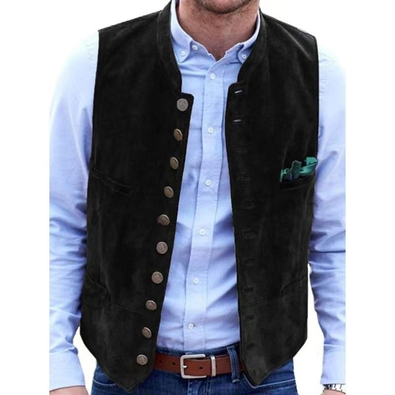 Men's Suede Vest with Multiple Pockets, Stand Collar, Casual Business Vest In Brown, Black, Wine Red, Blue, Olive Green