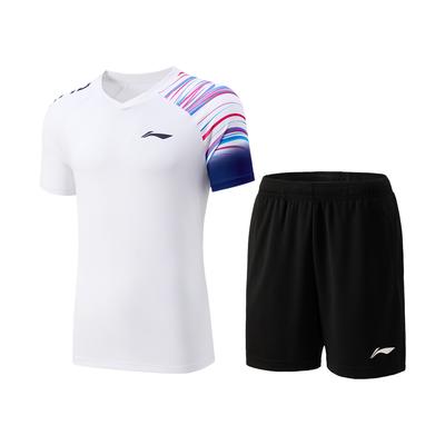 סדרת בדמינטון Li Ning בלוק צבעים רך נוח רב-שימושי חולצת טי שרוול קצר מכנסיים קצרים בגזרה אמצעית סט ספורט קז'ואל סט ספורט יוניסקס AATV045-2