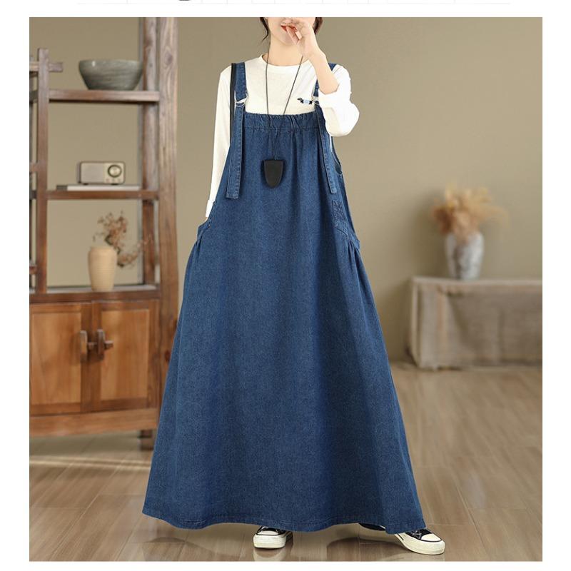 DIMANAF Women Plus Size Denim Blue Dress Maxi Long Dress Sleeveless Vintage Loose Casual Basic Dresses Cottton