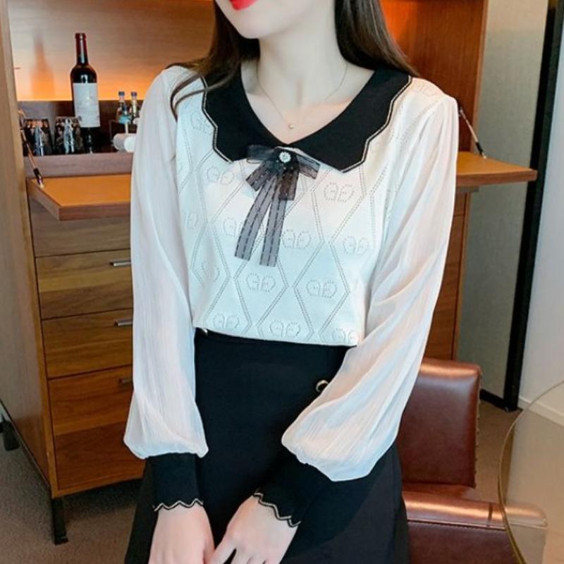 

Милая женская рубашка с бантом и рукавом-фонариком, кукольный воротник, модные новые свободные тонкие женские блузки и топы, элегантные однотонные винтажные рубашки, женская одежда 24741 One Size белый