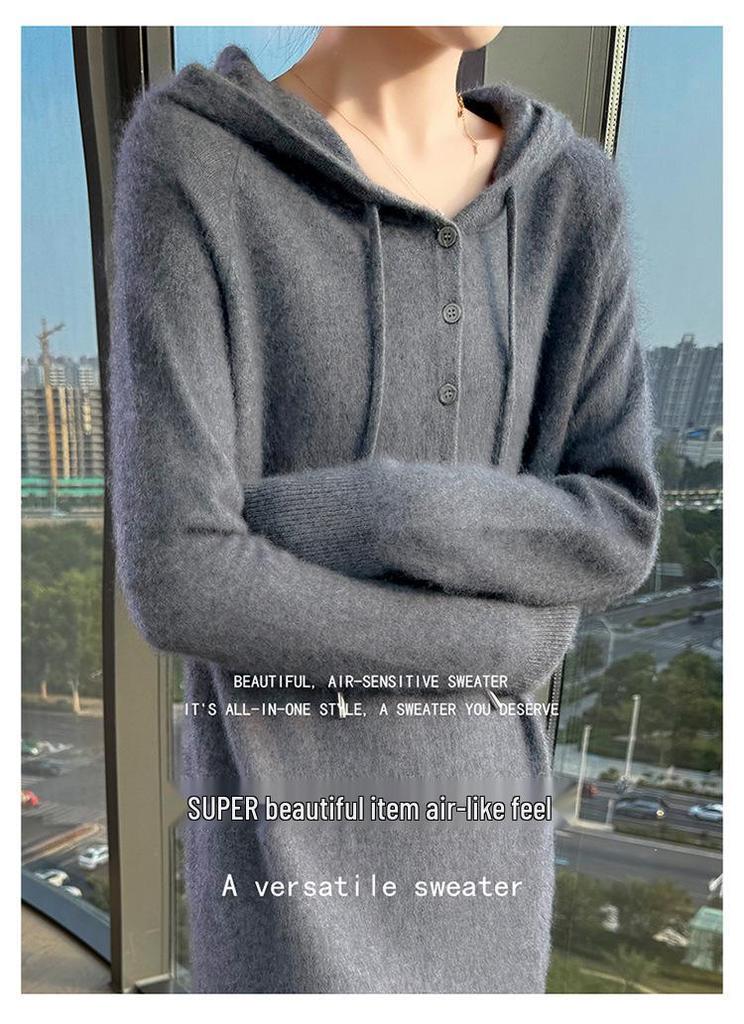 Versatile Hooded Knitted Dress - Autumn/Winter 2025: Slimming, Loose, Long Dress Shirt.