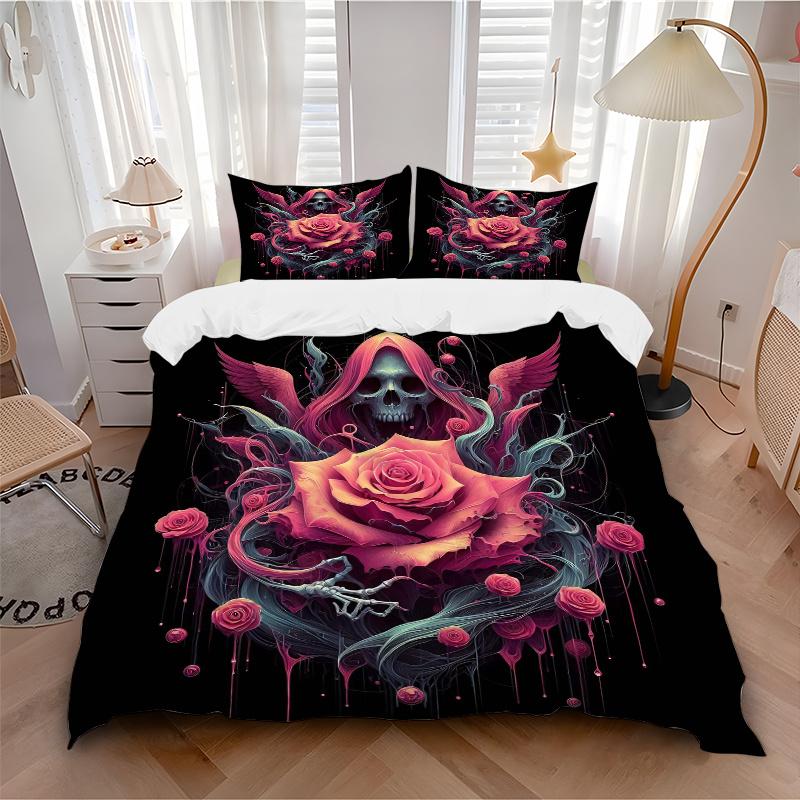 3pcs Gothic Rose Printed Quilt Set - Includes 1 Quilt Cover and 2 Pillowcases, Machine Washable - Suitable for All Seasons.W054