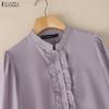 ZANZEA Women Casual Stand Collar Solid Color Loose 3/4 Sleeve Blouse