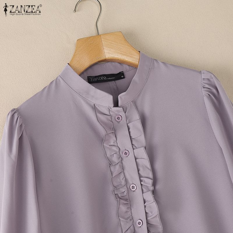 ZANZEA Women Casual Stand Collar Solid Color Loose 3/4 Sleeve Blouse