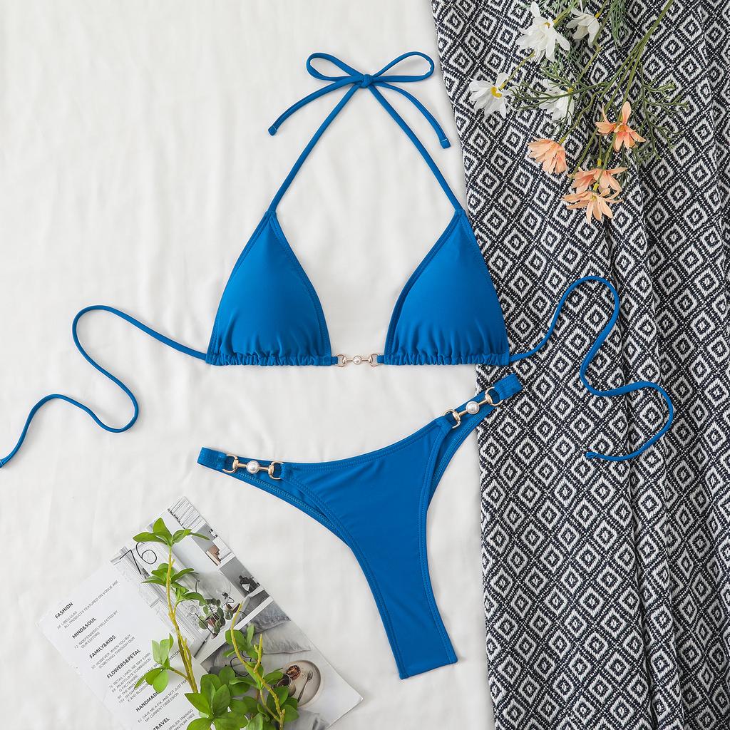 1011 European and American New Women's Split Solid Color Sexy Triangle Bag Bikini Tether Leaking Back Swimsuit Women's Bikini