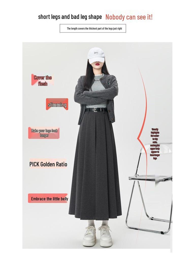 Women's 2024 High-Waisted Wool Pleated Midi Skirt – Autumn/Winter Slimming A-Line