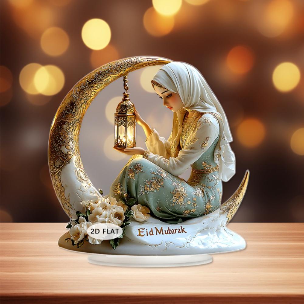 Flat Acrylic Exquisite Decor, White & Gold Moon Boat with Flowers & Lantern, Light Luxury Ornament for Office Bookshelf, Modern Art Gift for Festivals