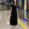 Vintage Peter Pan Collar Spliced Dresses Summer French Style Short Sleeve Women's Elegant A-Line Waist Basic Midi Dress