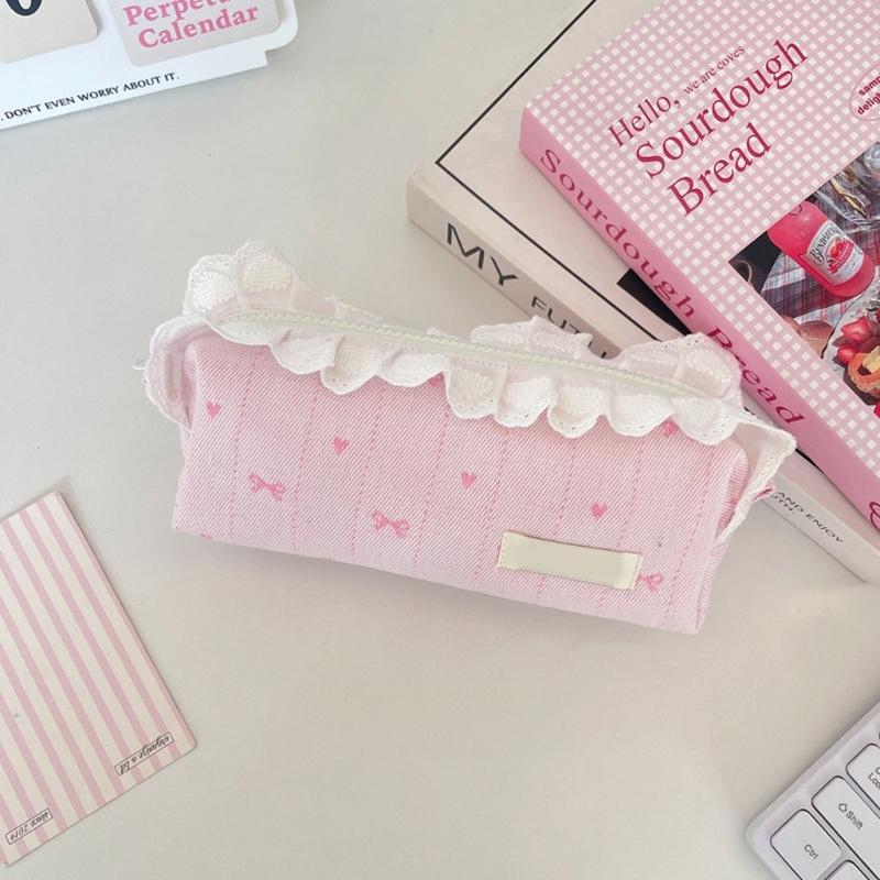 Lace Trim Pencil Case with Top Closure, Embroidered Heart Design for School Supplies, Desk Storage and Journaling