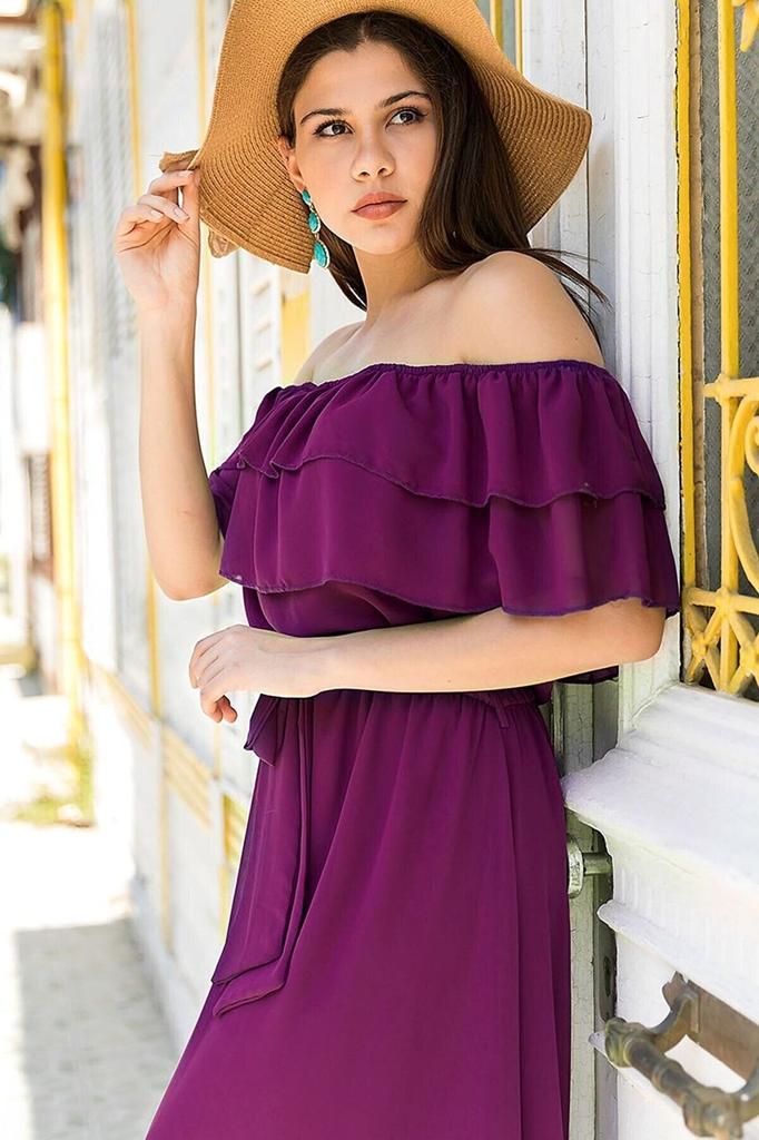 Women's Big Size Dress Carmen Collar Chiffon Dress