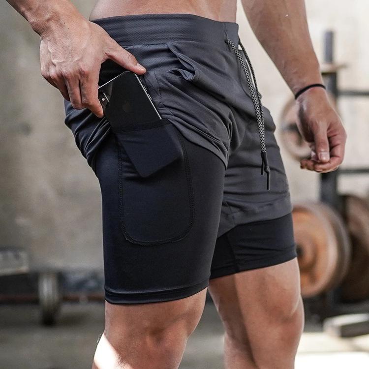 2023 Men's Double-Layer Muscle Running Shorts with Multi-Pocket Design