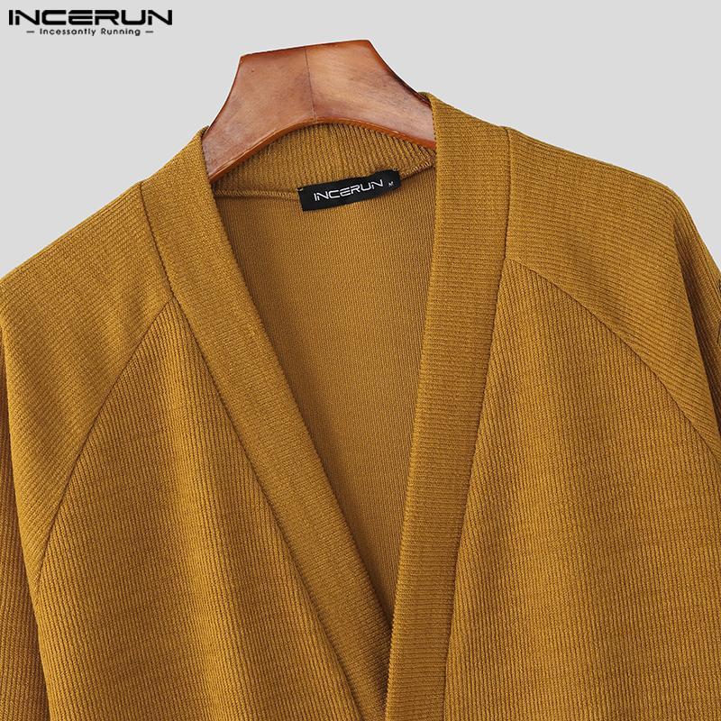 INCERUN Men V Neck Long Sleeve Buttons Up Rib Knit Oversized Cardigan Tops