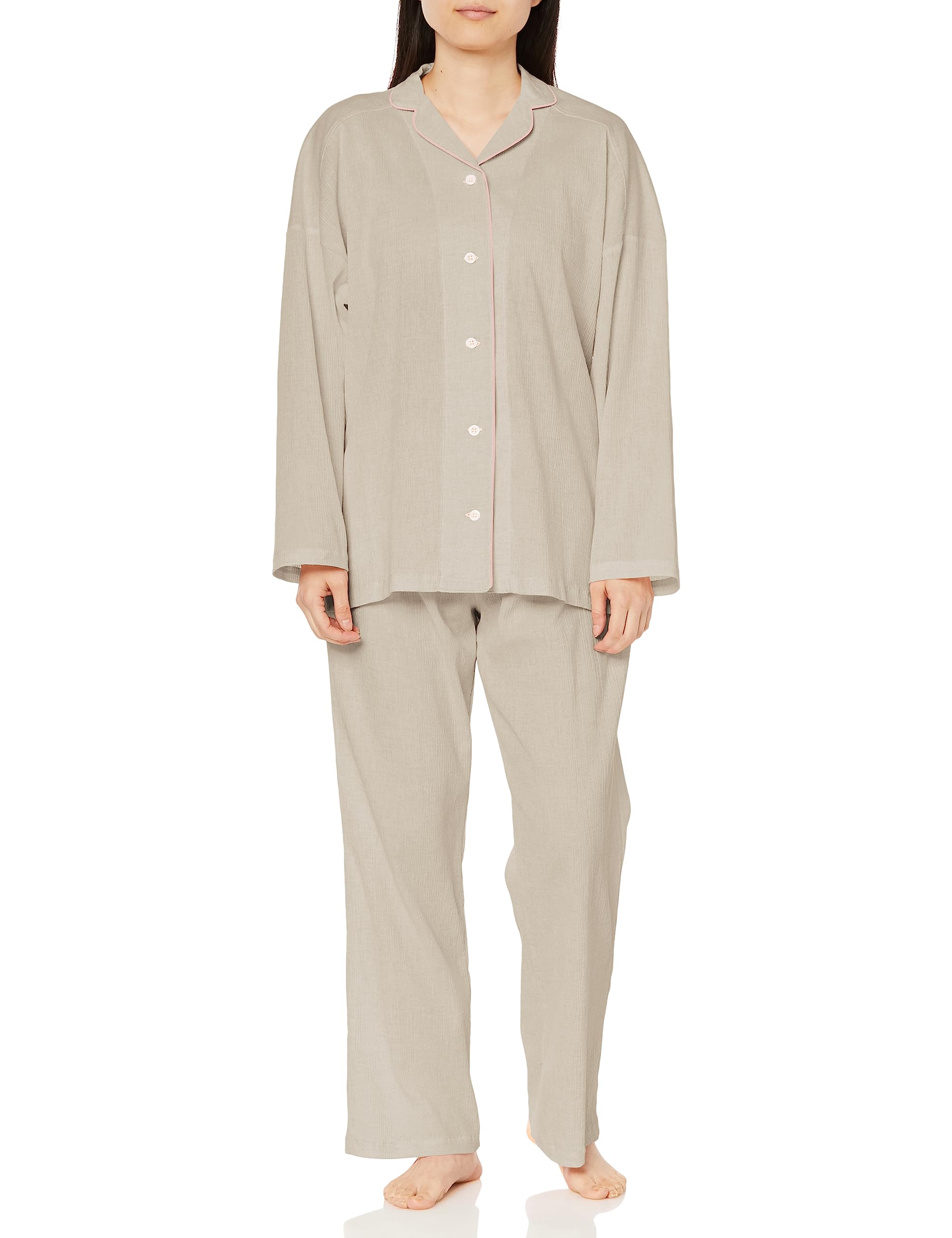 

Gunze Kaimin Navi Comfortable Sleep Navi Long Sleeves and Organic Takashima Chijimi Light Gray Pajamas, 100% Cotton, Pants, Yarn-Dyed Fabric, Women s,