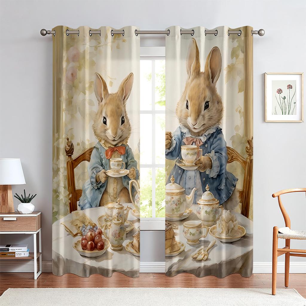 2PCS Cute Bunny Pattern Printed Curtains, Animated Cartoon Easter, Kids Room Rod Pocket Decoration Curtains, Holiday Gifts