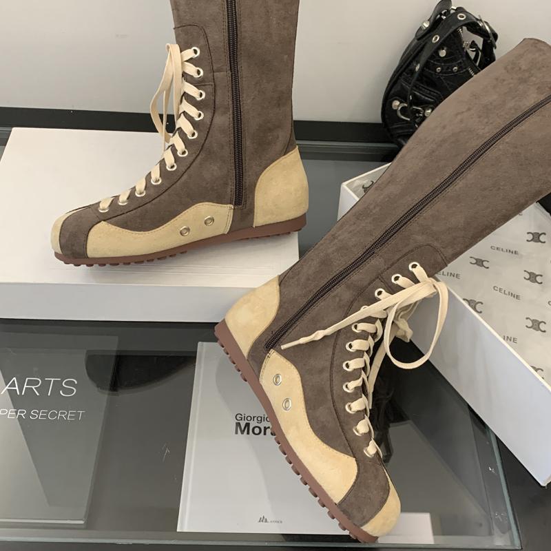 Fashion Brown Knee High Boots Women Round Toe Lace Up Winter Shoes Vintage Sporty Style Flat Heels Long Boots Khaki Botas De Mujer