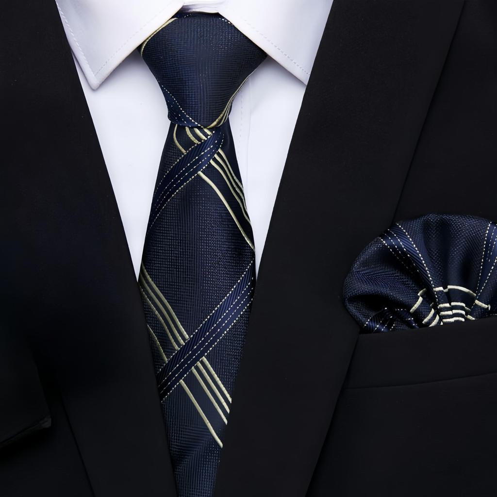 [BIIQAKOO] Men's Formal Tie Set (Tie Rubber Tie with Pocket Square) - Perfect for Weddings, Business, Funerals, and Other Formal Occasions. Plain
