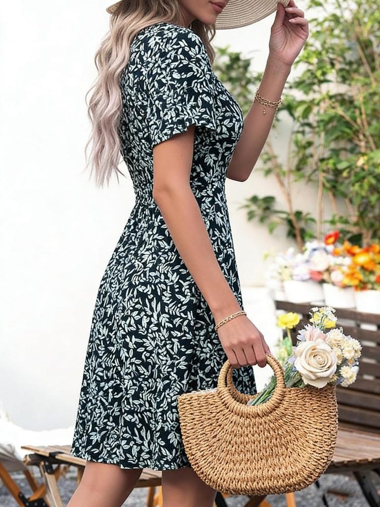 Women's Floral V-Neck A-Line Wrap Dress - Short Sleeve, Summer Style