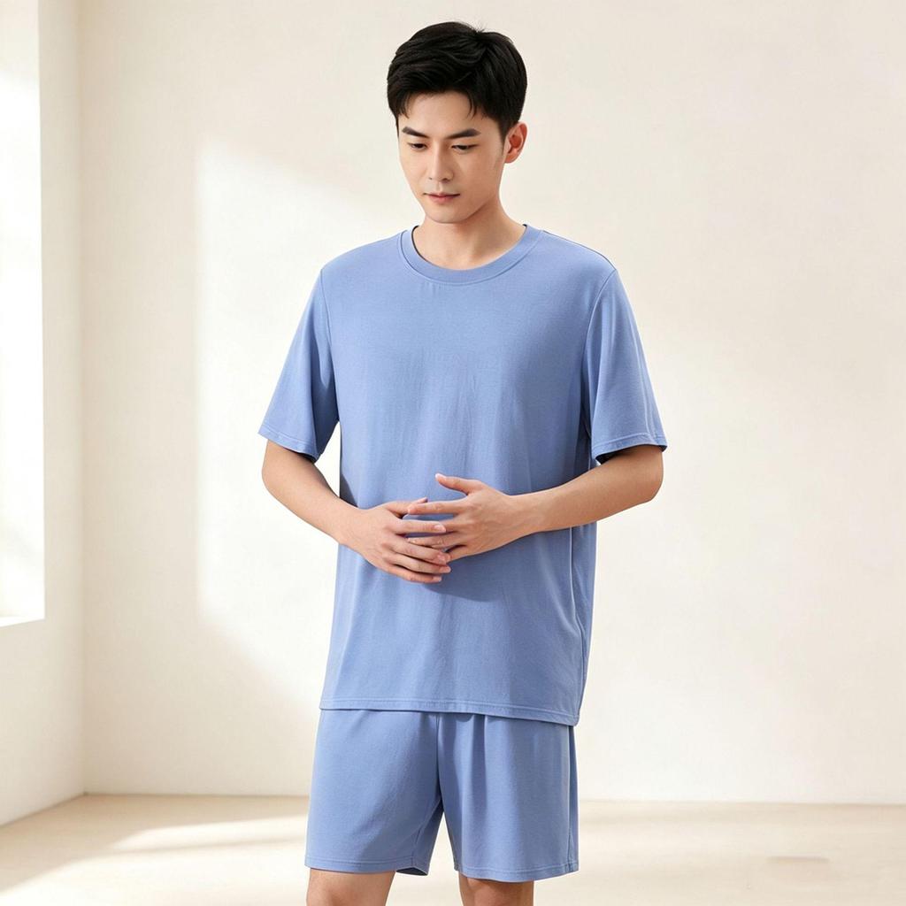 Men's Bamboo Fiber Pajama Set - Natural Antibacterial, Loose Short Sleeve Top & Shorts for Home or Outdoors, Spring/Summer.