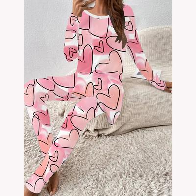 Euro-American Fashion 3D Heart Symbol Print Women's  Four-season Long-sleeved T-shirt + Long Pants Two-piece Set. Perfect Gift for Valentine's Day