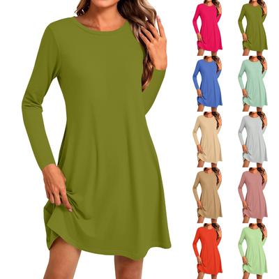 Damenmode, lässig, einfarbig, Rundhalsausschnitt, lange Ärmel, kurze Seitentasche