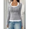 Women's Square Neck Long Sleeve Top Slim Fit Color Block Fake Two Piece Button Detail Sexy Casual Blouse